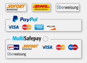 PayPal • MultiSafepay • Sofortüberweisung • Kreditkarte (Visa, Maestro, Mastercard, Amex) • GiroPay • Überweisung • DHL Nachnahme